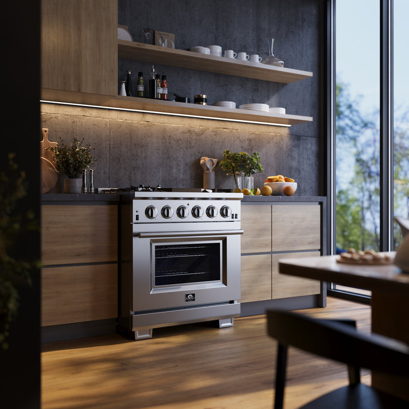 Forno Capriasca 30" Freestanding Gas Range in Stainless Steel, 5 Sealed Brass Burners, True Convection, Cast-Iron Grates, FFSGS6260-30