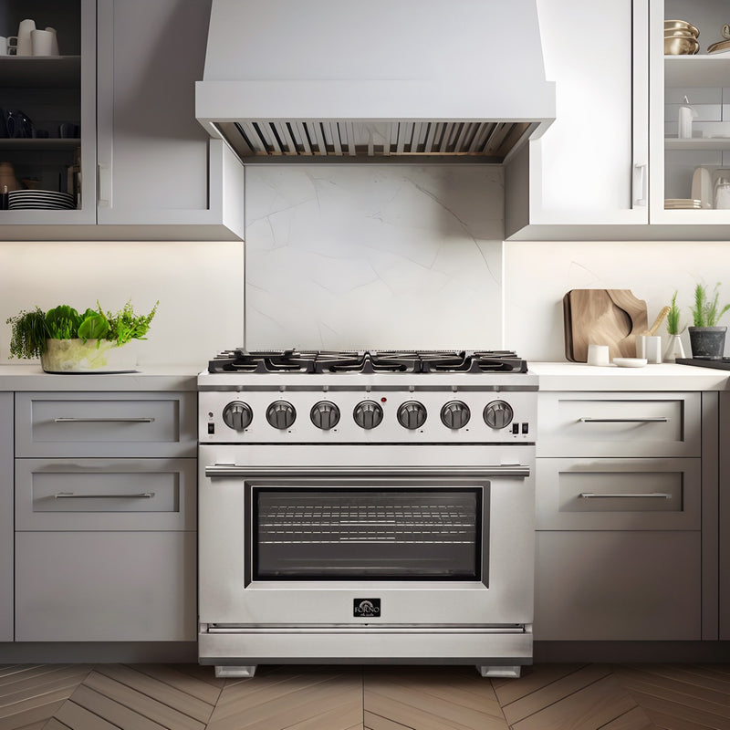 Forno Capriasca 36" Freestanding Gas Range in Stainless Steel, Brass Burners, Convection Fan, FFSGS6260-36
