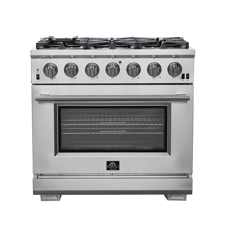 FORNO Premium 2-Piece Kitchen Bundle - Galiano 48" Stainless Steel Range, Forno Moena 36" French Door 19.2 cu. ft Stainless Steel Refrigerator, with Decorative Grill - 40" Wide - FBDL-019-03CAUS