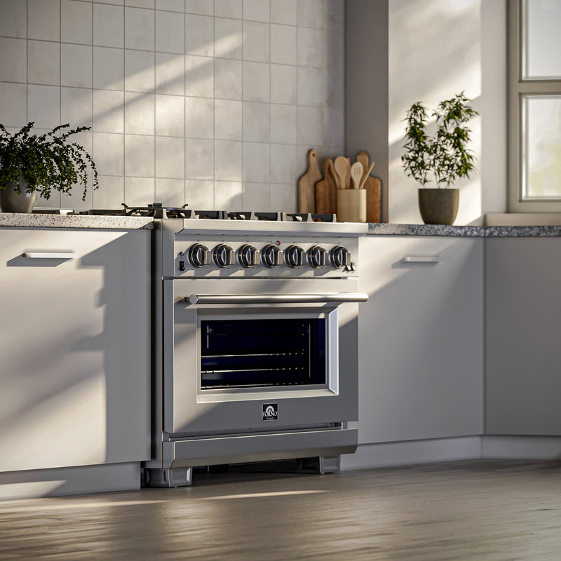 Forno Capriasca 36" Freestanding Gas Range in Stainless Steel, Brass Burners, Convection Fan, FFSGS6260-36