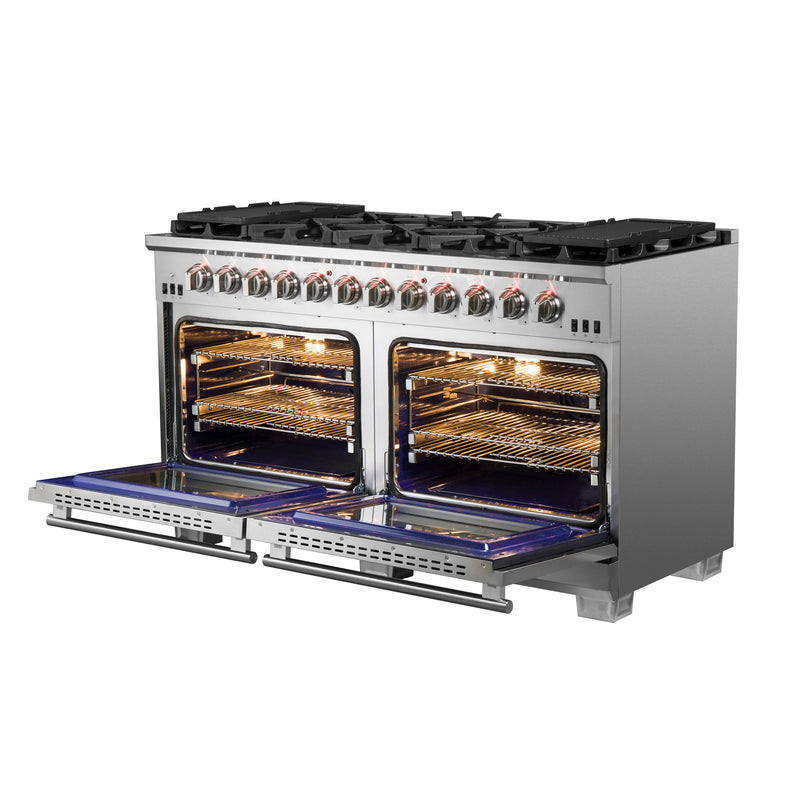 Forno Capriasca 60" Freestanding Gas Range, Double Oven, Brass Burners, Telescopic Racks, FFSGS6260-60