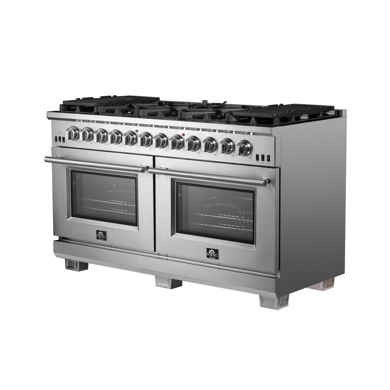 Forno Capriasca 60" Freestanding Gas Range, Double Oven, Brass Burners, Telescopic Racks, FFSGS6260-60