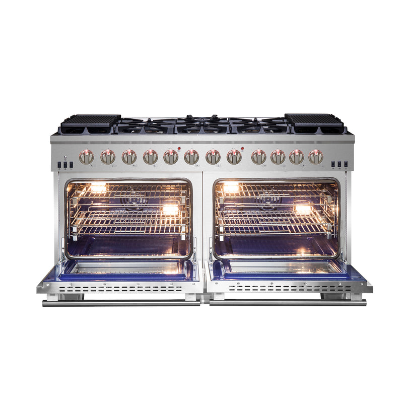 Forno Capriasca 60" Freestanding Gas Range, Double Oven, Brass Burners, Telescopic Racks, FFSGS6260-60