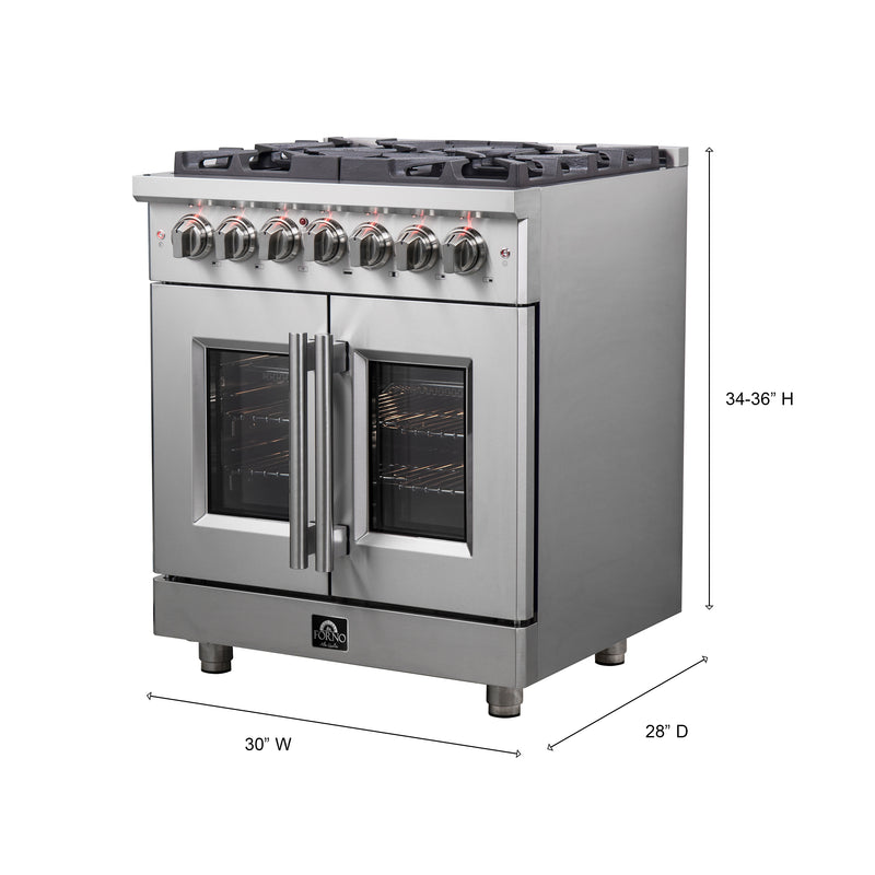 Forno Massimo 30" Freestanding French Door Dual Fuel Range in Stainless Steel, True Convection, 5 Burners, FFSGS6325-30