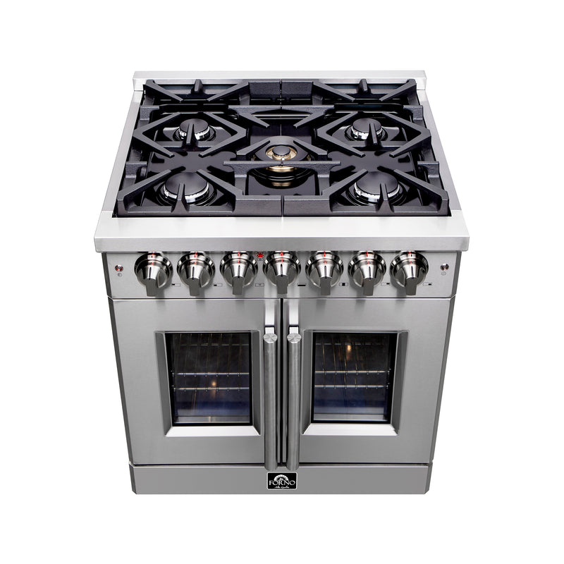 Forno Massimo 30" Freestanding French Door Dual Fuel Range in Stainless Steel, True Convection, 5 Burners, FFSGS6325-30