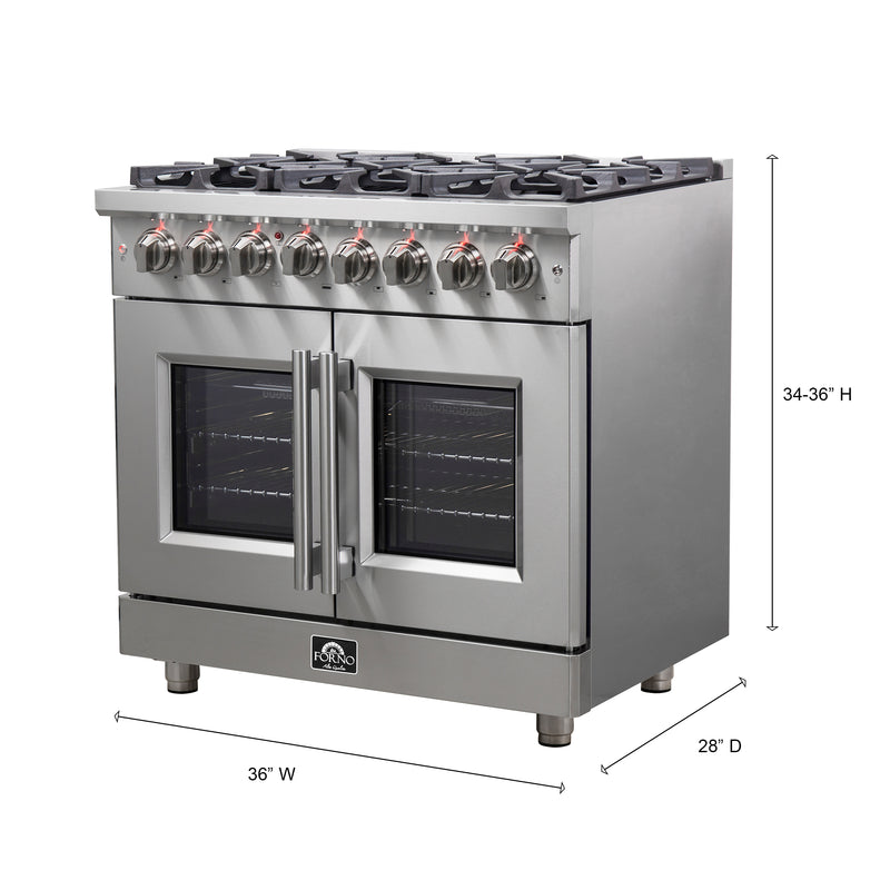 Forno Massimo 36" Freestanding French Door Dual Fuel Range in Stainless Steel, True Convection, 6 Burners, FFSGS6325-36