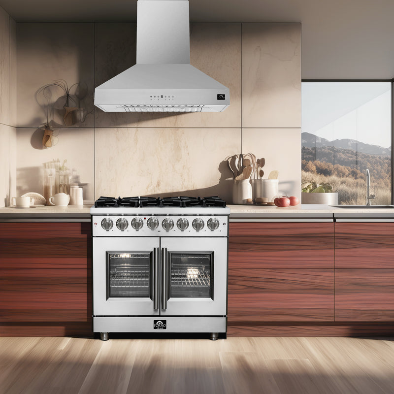 Forno Massimo 36" Freestanding French Door Dual Fuel Range in Stainless Steel, True Convection, 6 Burners, FFSGS6325-36