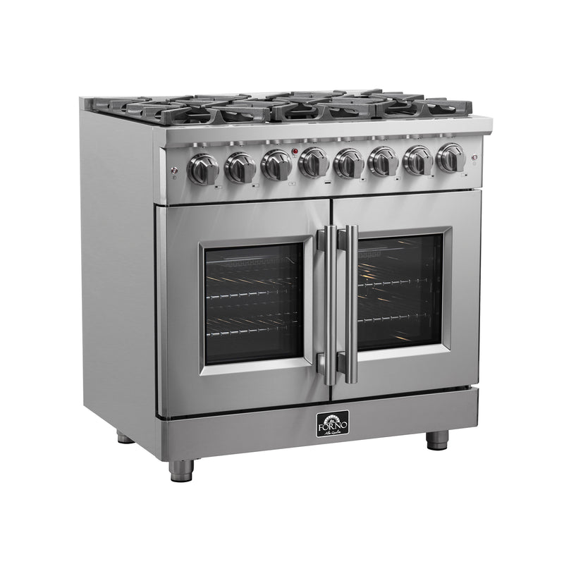 Forno Massimo 36" Freestanding French Door Dual Fuel Range in Stainless Steel, True Convection, 6 Burners, FFSGS6325-36