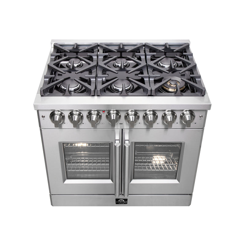 Forno Massimo 36" Freestanding French Door Dual Fuel Range in Stainless Steel, True Convection, 6 Burners, FFSGS6325-36