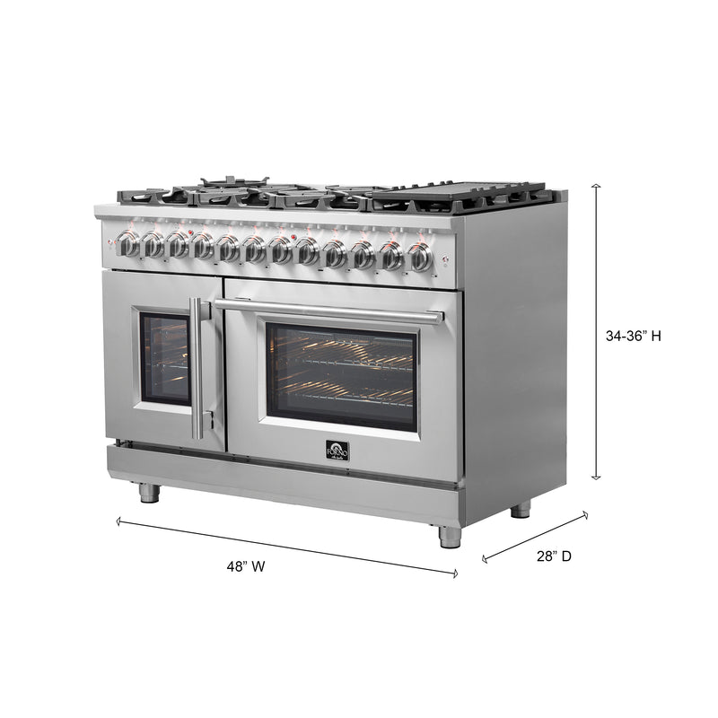 Forno Massimo 48" Freestanding French Door Dual Fuel Range, Double Oven, Air Fry, 8 Burners, FFSGS6325-48