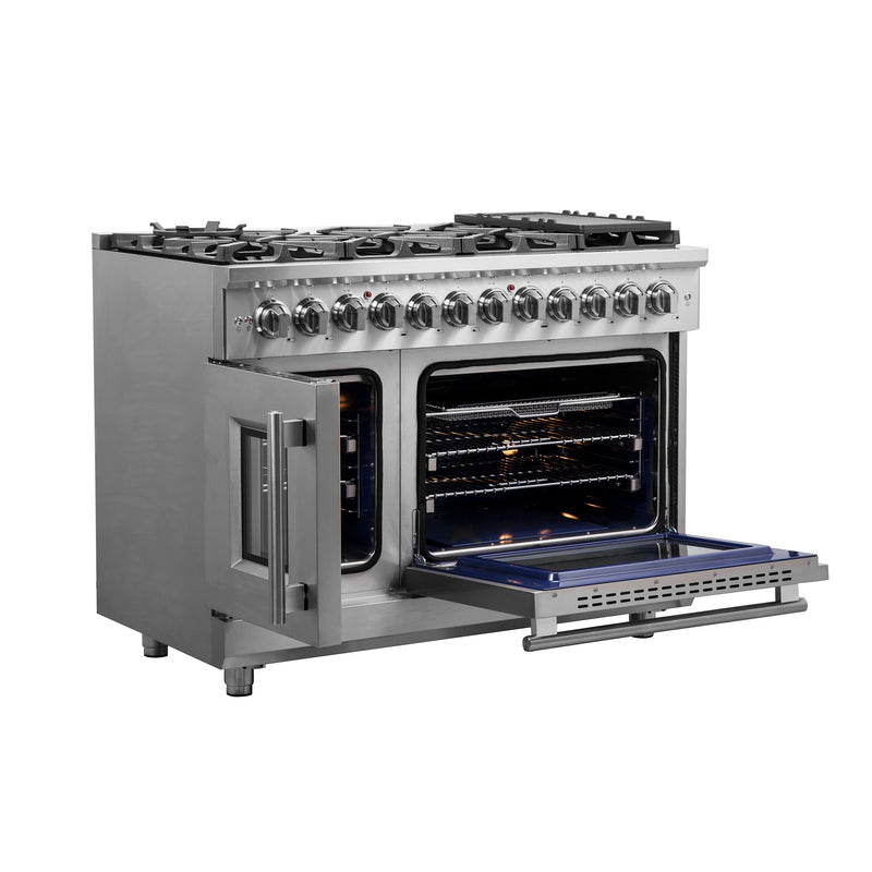 Forno Massimo 48" Freestanding French Door Dual Fuel Range, Double Oven, Air Fry, 8 Burners, FFSGS6325-48