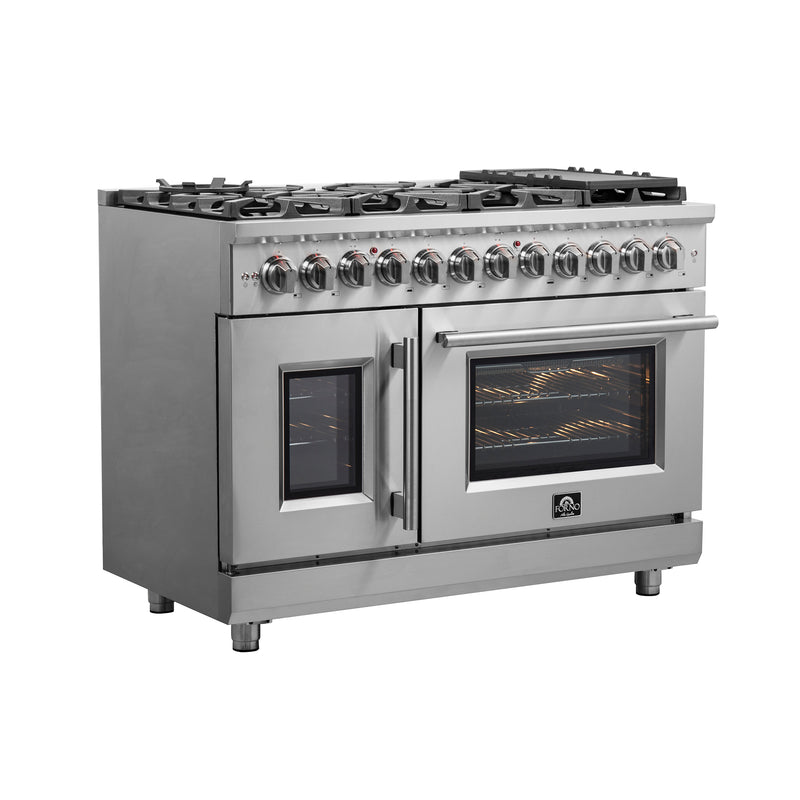 Forno Massimo 48" Freestanding French Door Dual Fuel Range, Double Oven, Air Fry, 8 Burners, FFSGS6325-48