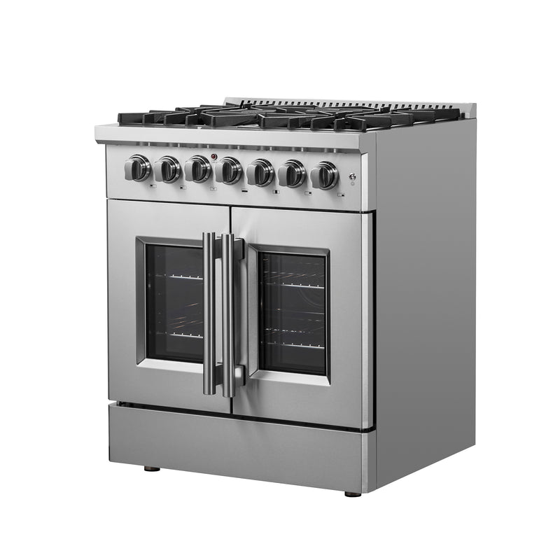 Forno Galiano 30" Freestanding French Door Dual Fuel Range in Stainless Steel, True Convection, 5 Burners, FFSGS6356-30