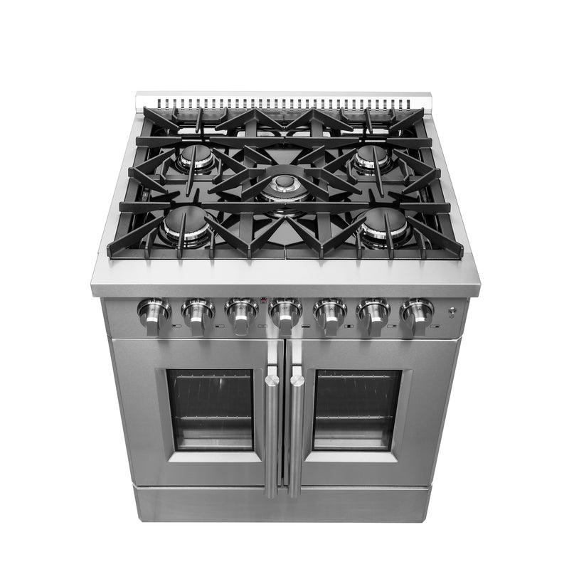Forno Galiano 30" Freestanding French Door Dual Fuel Range in Stainless Steel, True Convection, 5 Burners, FFSGS6356-30
