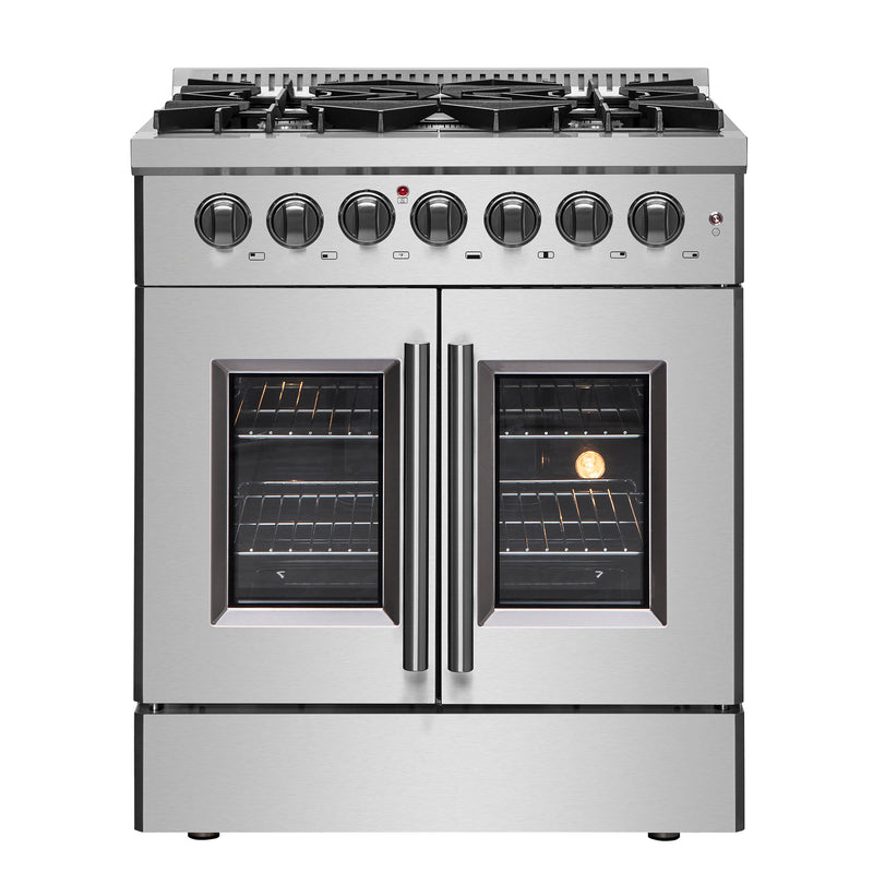 Forno Galiano 30" Freestanding French Door Dual Fuel Range in Stainless Steel, True Convection, 5 Burners, FFSGS6356-30
