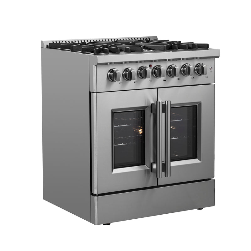Forno Galiano 30" Freestanding French Door Dual Fuel Range in Stainless Steel, True Convection, 5 Burners, FFSGS6356-30