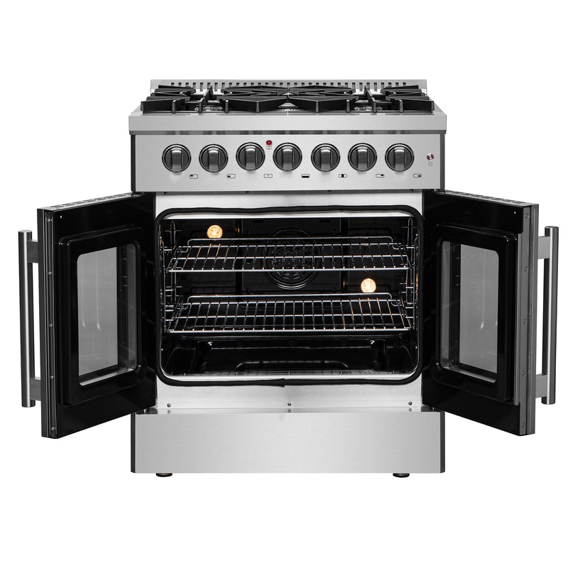 Forno Galiano 30" Freestanding French Door Dual Fuel Range in Stainless Steel, True Convection, 5 Burners, FFSGS6356-30
