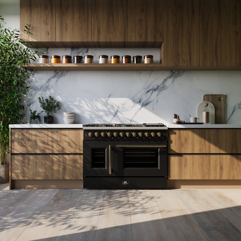 Forno Galiano 48" Freestanding French Door Dual Fuel Range in Black, Double Oven, 8 Burners, with Antique Brass Handles, FFSGS6356-48BLK