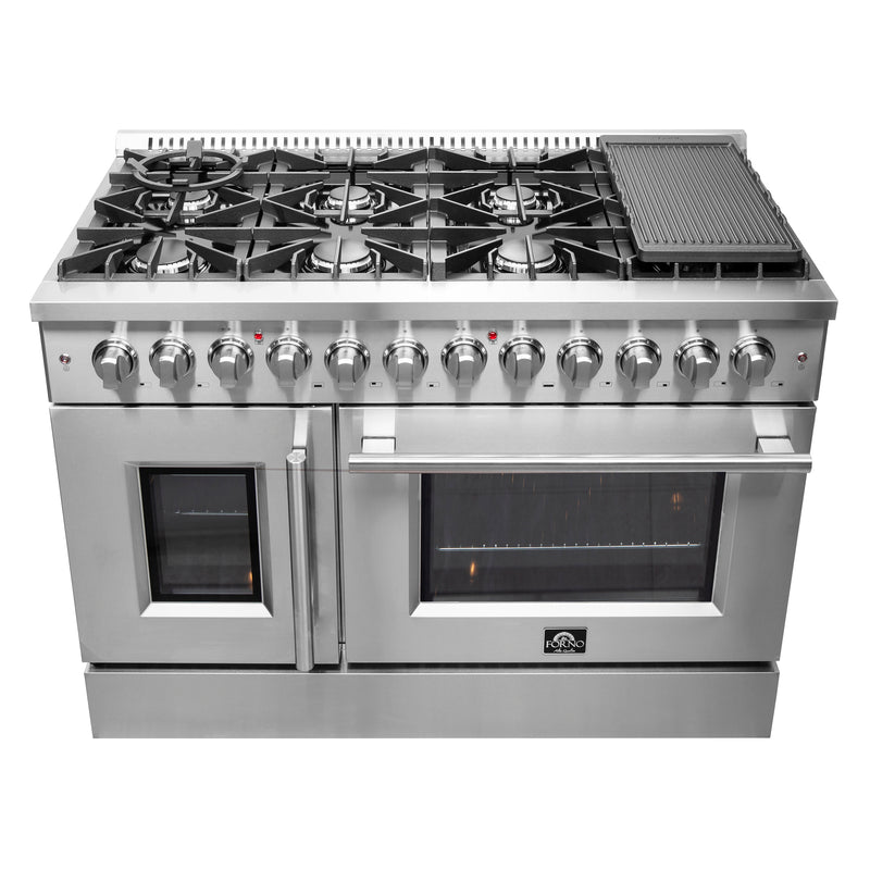 Forno Galiano 48" Freestanding French Door Dual Fuel Range in Stainless Steel, Double Oven, 8 Burners, FFSGS6356-48
