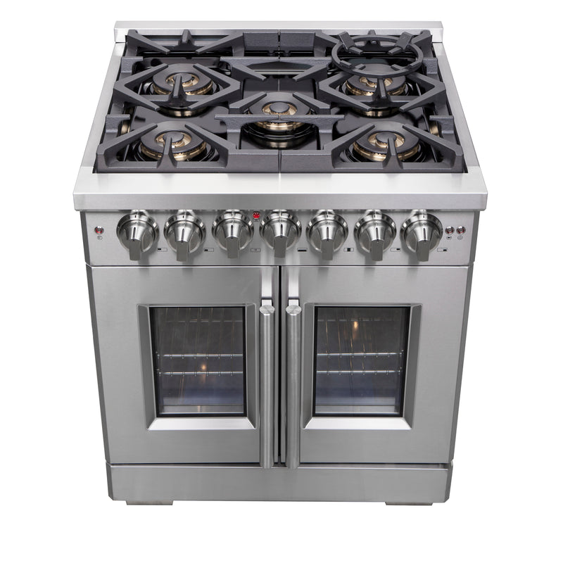Forno Capriasca 30" Freestanding French Door Dual Fuel Range in Stainless Steel, True Convection, Brass Burners, FFSGS6387-30