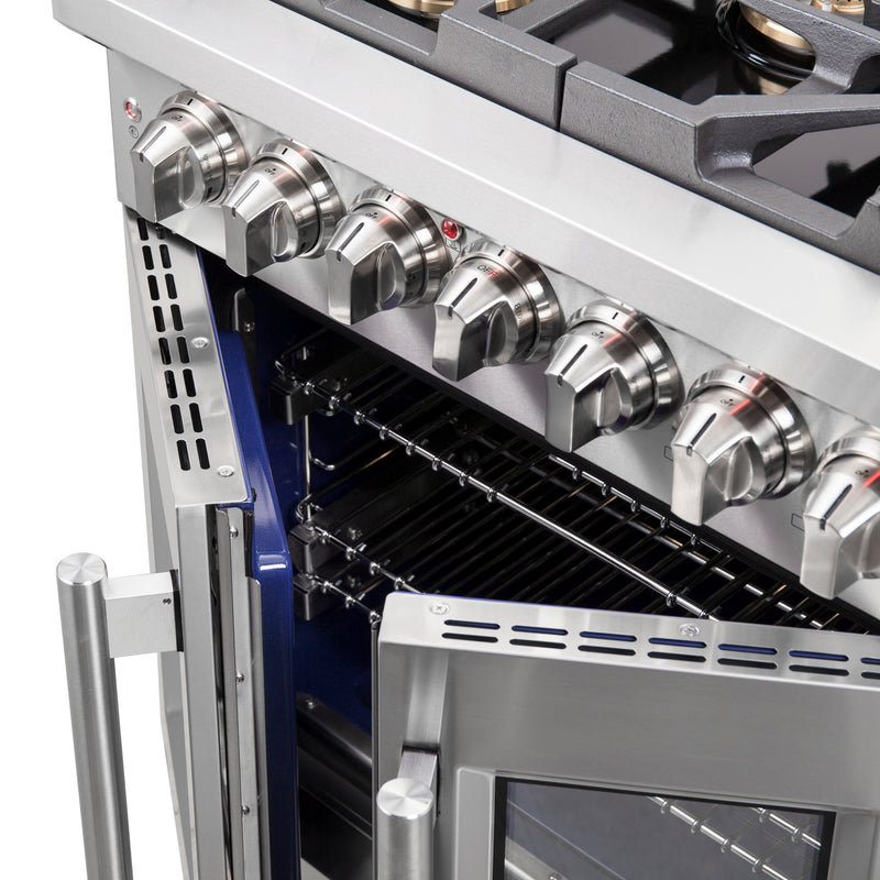 Forno Capriasca 30" Freestanding French Door Dual Fuel Range in Stainless Steel, True Convection, Brass Burners, FFSGS6387-30