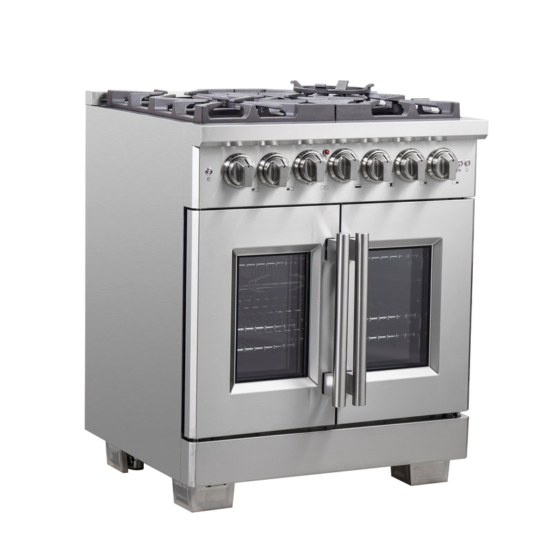 Forno Capriasca 30" Freestanding French Door Dual Fuel Range in Stainless Steel, True Convection, Brass Burners, FFSGS6387-30