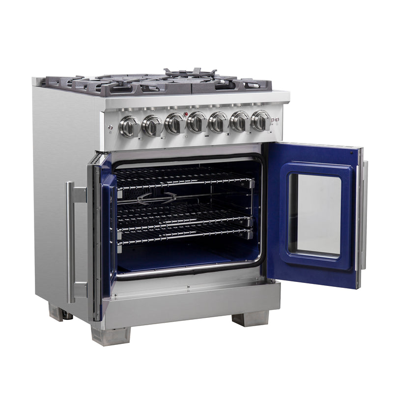 Forno Capriasca 30" Freestanding French Door Dual Fuel Range in Stainless Steel, True Convection, Brass Burners, FFSGS6387-30