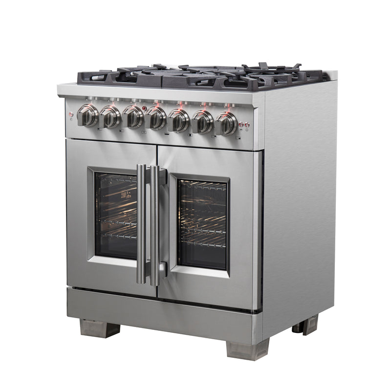 Forno Capriasca 30" Freestanding French Door Dual Fuel Range in Stainless Steel, True Convection, Brass Burners, FFSGS6387-30