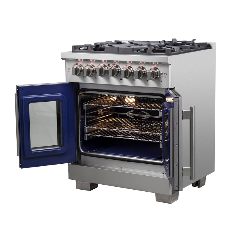 Forno Capriasca 30" Freestanding French Door Dual Fuel Range in Stainless Steel, True Convection, Brass Burners, FFSGS6387-30