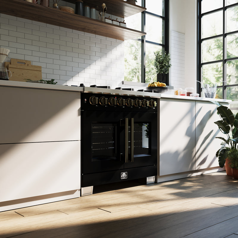 Forno Capriasca 36" 5.36 cu. ft. Dual Fuel Range with 6 Brass Burners, Air Fryer Kit, Rotisserie Kit, Wok Support & Griddle in Black with Antique Brass Handles, FFSGS6387-36BLK