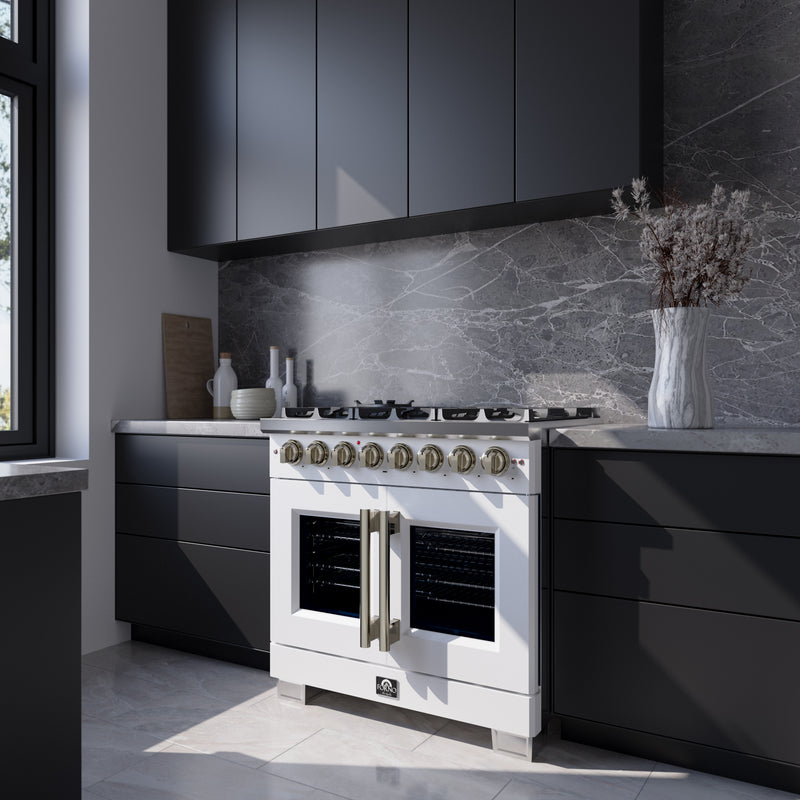 Forno Capriasca 36" 5.36 cu. ft. Dual Fuel Range with 6 Brass Burners, Air Fryer Kit, Rotisserie Kit, Wok Support & Griddle in White with Antique Brass Handles, FFSGS6387-36WHT