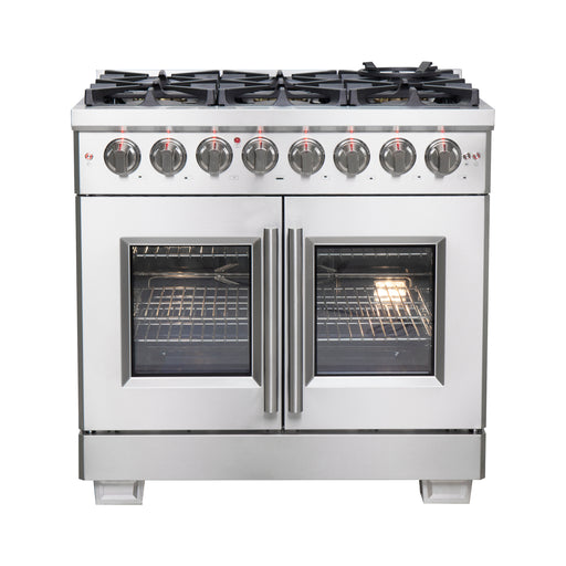 Stainless steel range with dual ovens on a white background