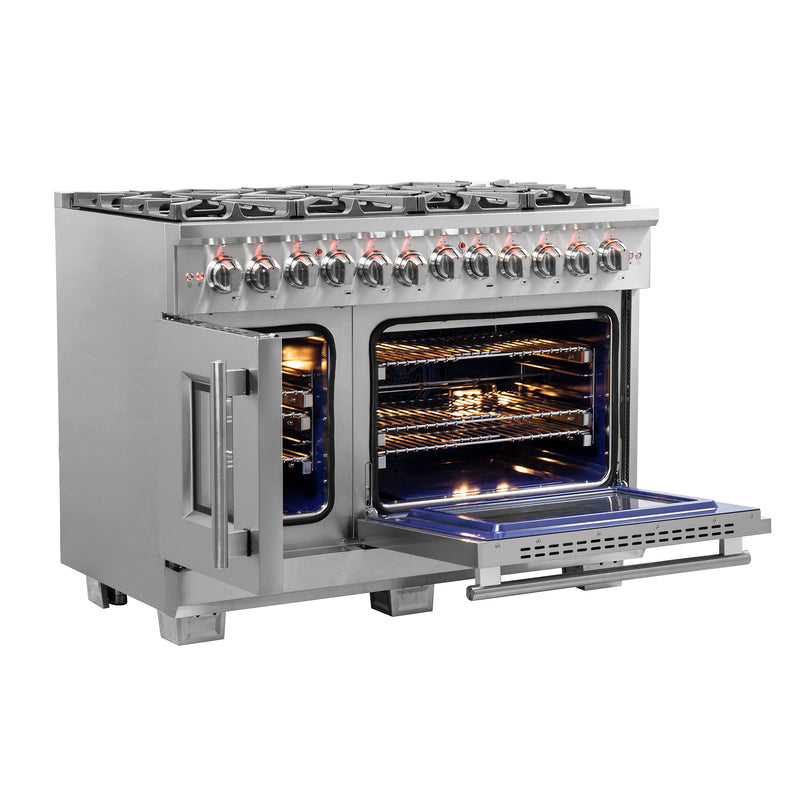 Forno Capriasca 48" Freestanding French Door Dual Fuel Range in Stainless Steel, Double Oven, 8 Burners, FFSGS6387-48