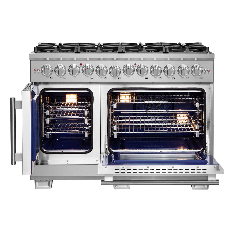 Forno Capriasca 48" Freestanding French Door Dual Fuel Range in Stainless Steel, Double Oven, 8 Burners, FFSGS6387-48