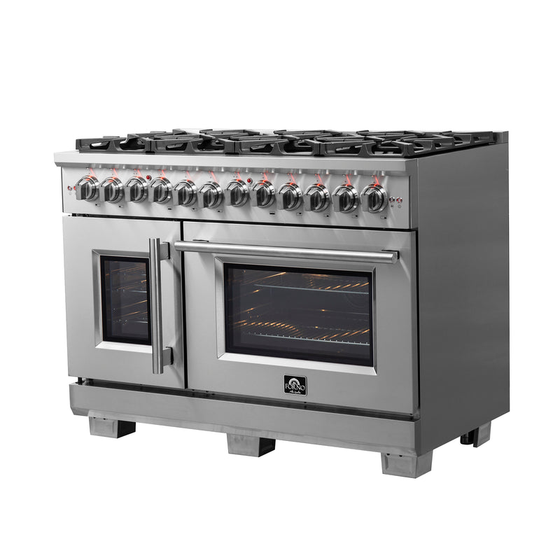 Forno Capriasca 48" Freestanding French Door Dual Fuel Range in Stainless Steel, Double Oven, 8 Burners, FFSGS6387-48