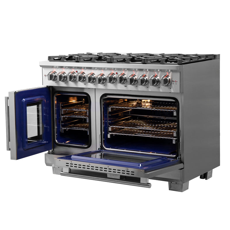 Forno Capriasca 48" Freestanding French Door Dual Fuel Range in Stainless Steel, Double Oven, 8 Burners, FFSGS6387-48