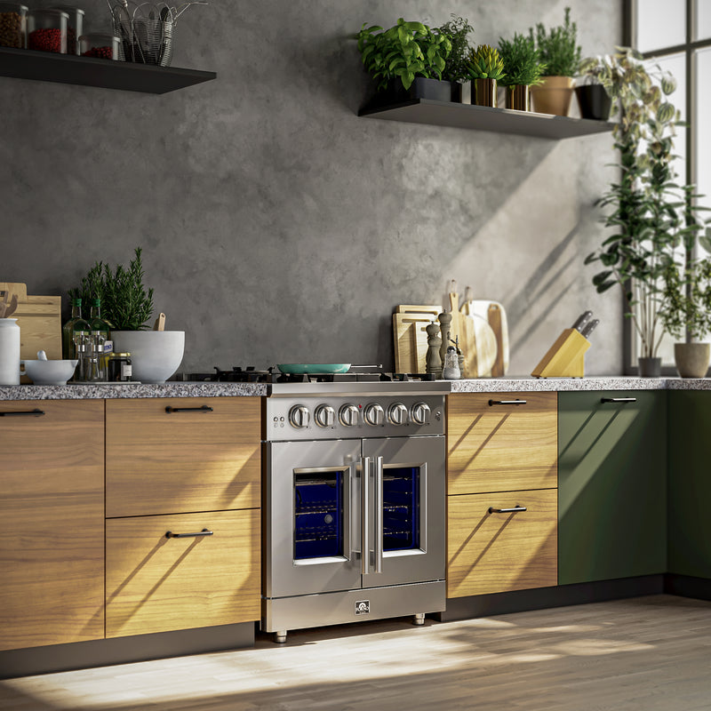 Forno Massimo 30" Freestanding French Door Gas Range, Air Fry, 5 Burners, FFSGS6439-30