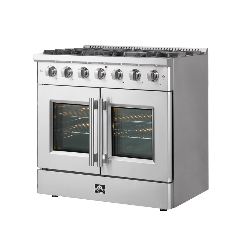 Forno Galiano 36" Freestanding French Door Gas Range, 6 Burners, Convection Fan, FFSGS6444-36