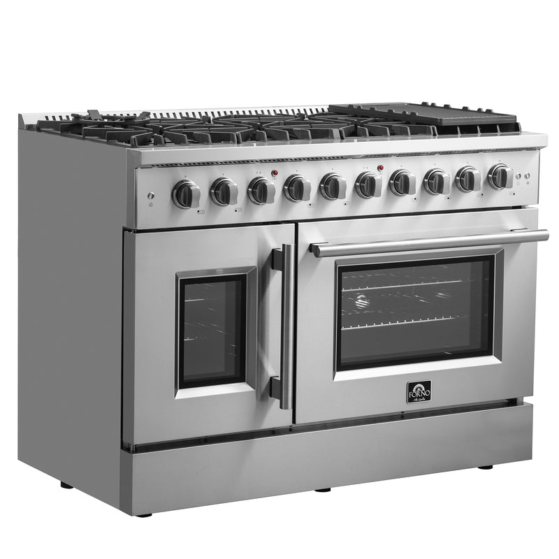 Forno Galiano 48" Freestanding French Door Gas Range in Stainless Steel, 8 Burners, Griddle, FFSGS6444-48