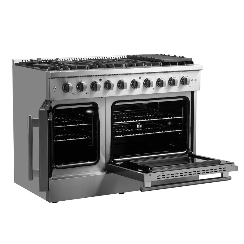 Forno Galiano 48" Freestanding French Door Gas Range in Stainless Steel, 8 Burners, Griddle, FFSGS6444-48