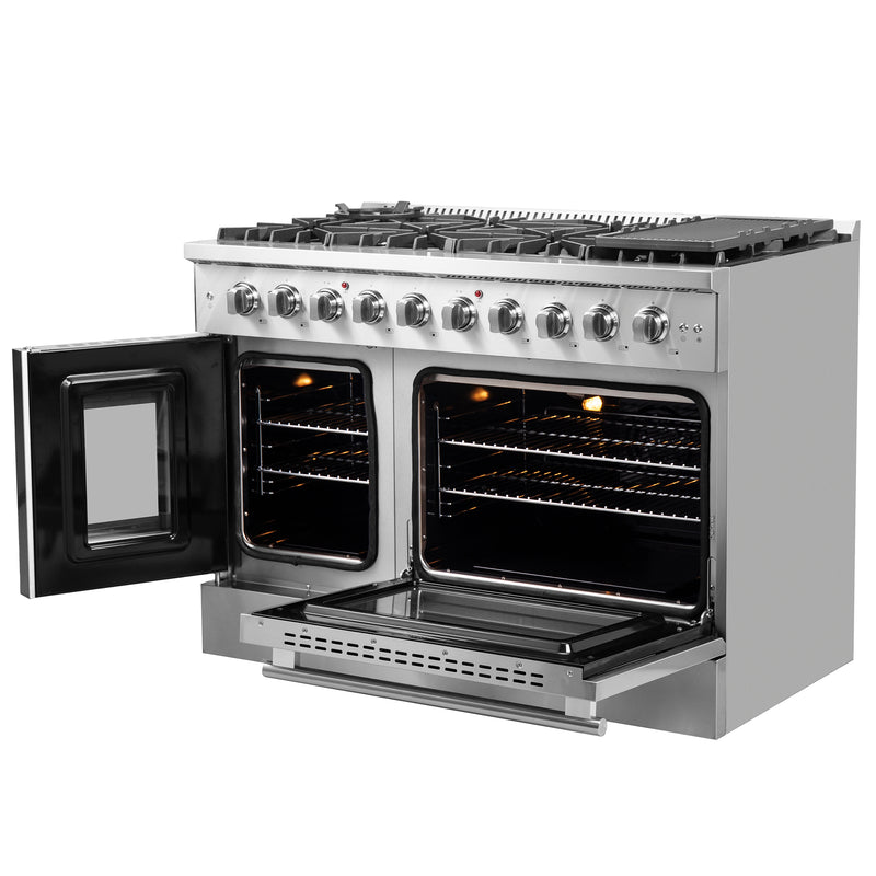 Forno Galiano 48" Freestanding French Door Gas Range in Stainless Steel, 8 Burners, Griddle, FFSGS6444-48