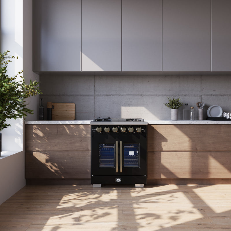 Forno Capriasca 30" 4.32 cu. ft. French Door Gas Range with 5 Brass Burners, Air Fryer Kit, Rotisserie Kit, Wok Support & Griddle in Black with Antique Brass Handles, FFSGS6460-30BLK