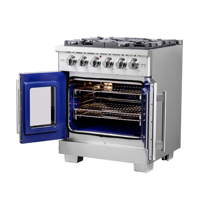Forno Capriasca 30" Freestanding French Door Gas Range, Brass Burners, 5 Burners, FFSGS6460-30