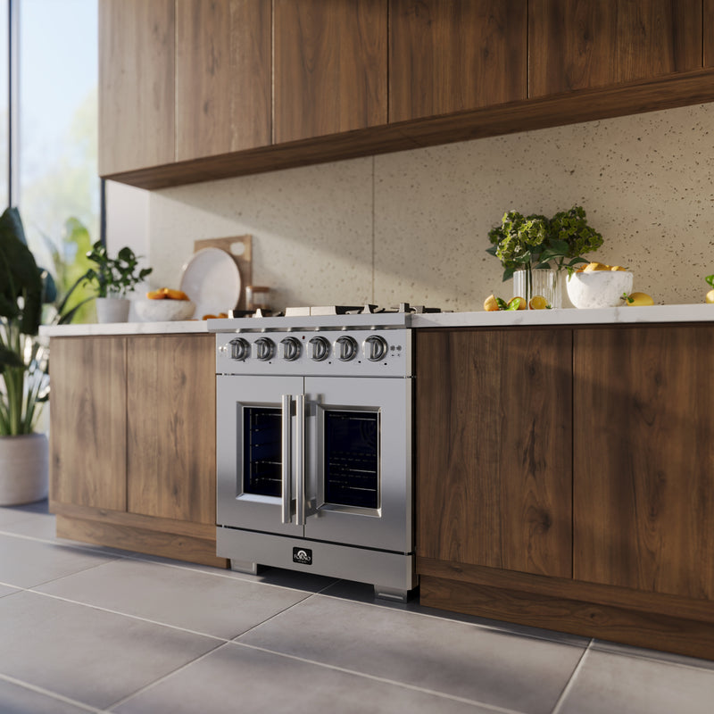 Forno Capriasca 30" Freestanding French Door Gas Range, Brass Burners, 5 Burners, FFSGS6460-30