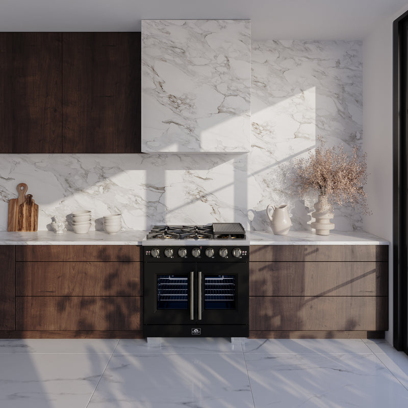 Forno Capriasca 36" Freestanding French Door Gas Range in Black, 6 Burners, Brass Burners, FFSGS6460-36BLK