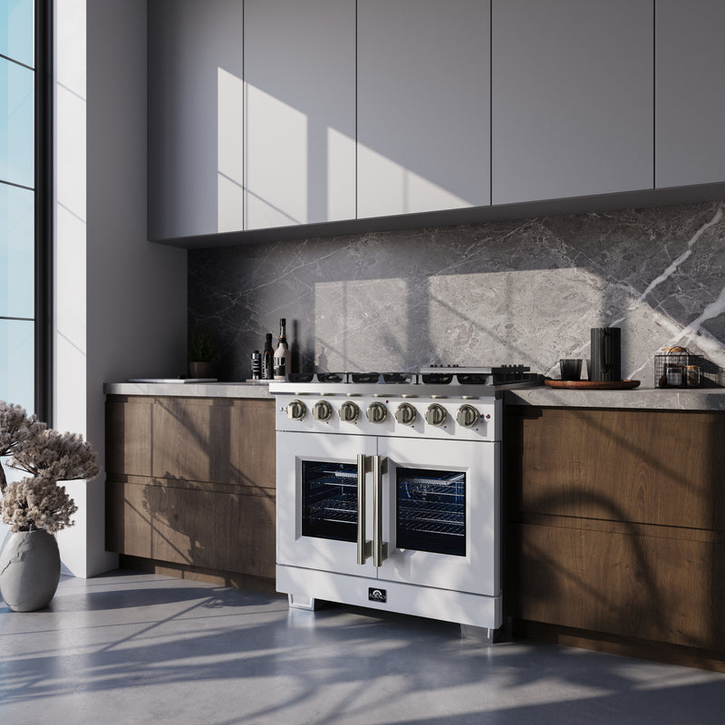 Forno Capriasca 36" Freestanding French Door Gas Range in White, 6 Burners, Brass Burners, FFSGS6460-36WHT