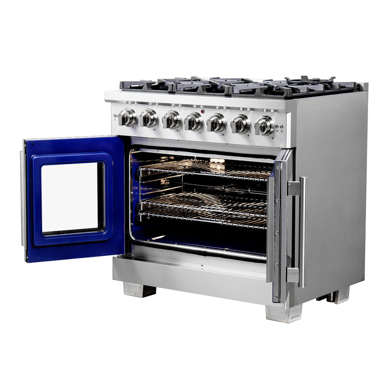 Forno Capriasca 36" Freestanding French Door Gas Range, 6 Burners, Brass Burners, FFSGS6460-36