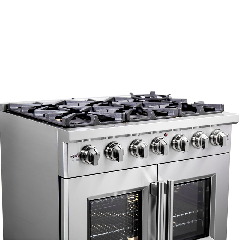 Forno Capriasca 36" Freestanding French Door Gas Range, 6 Burners, Brass Burners, FFSGS6460-36