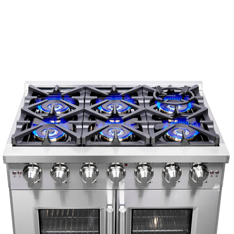 Forno Capriasca 36" Freestanding French Door Gas Range, 6 Burners, Brass Burners, FFSGS6460-36