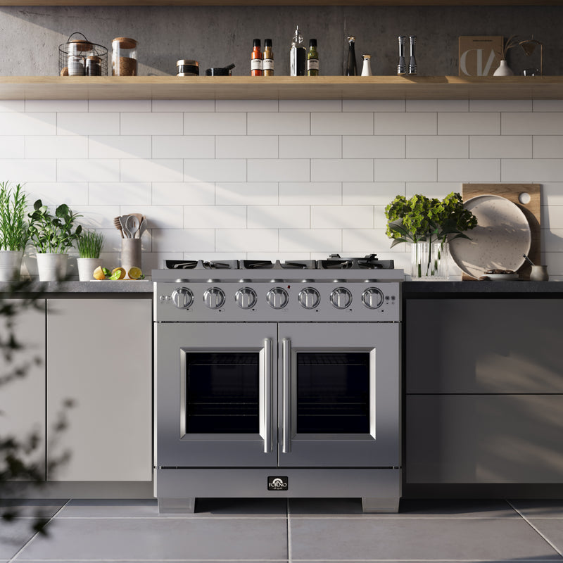 Forno Capriasca 36" Freestanding French Door Gas Range, 6 Burners, Brass Burners, FFSGS6460-36